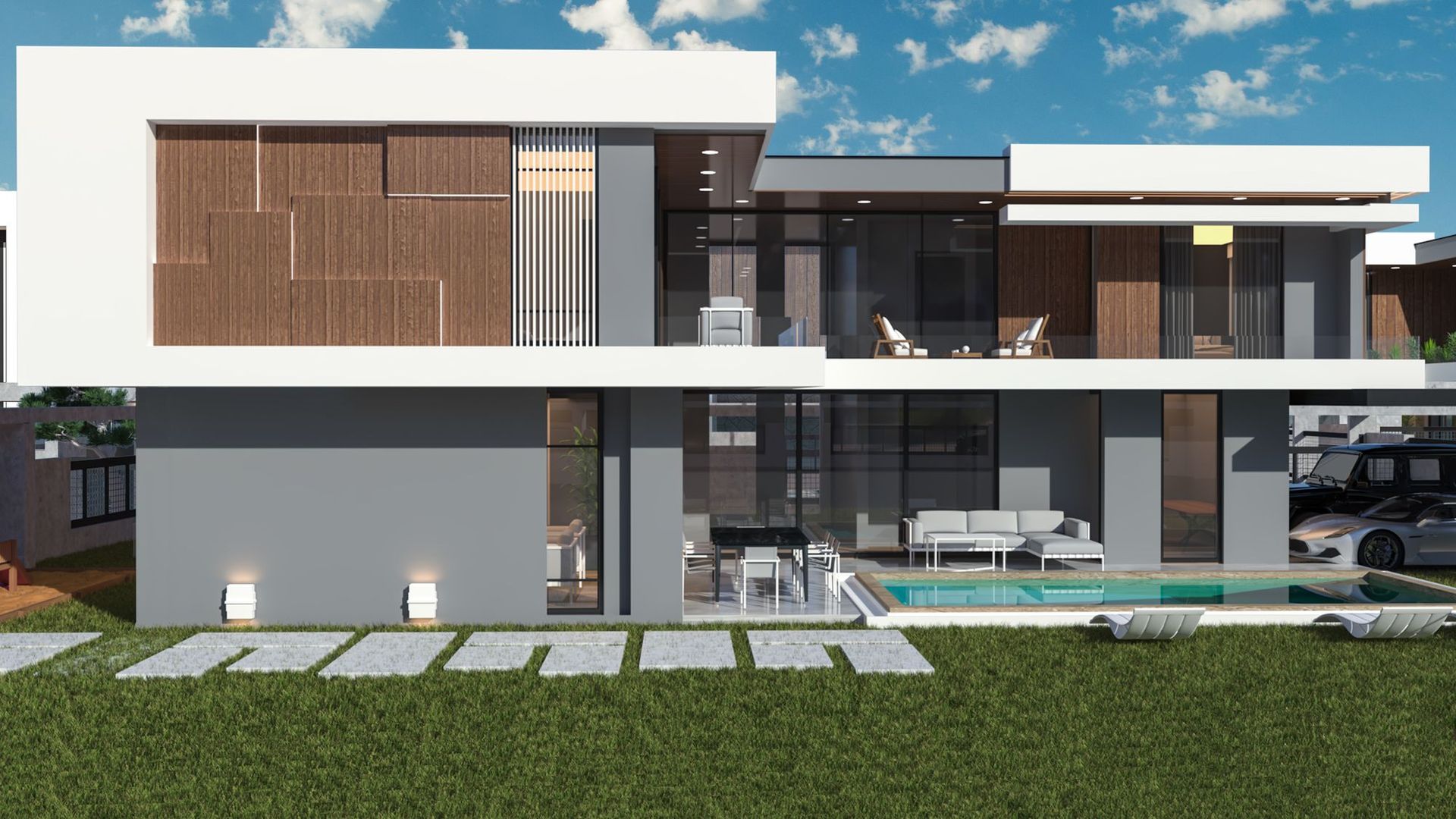 Villa Mostanza arka cephesi, ahşap paneller ve havuz (görselleştirme)