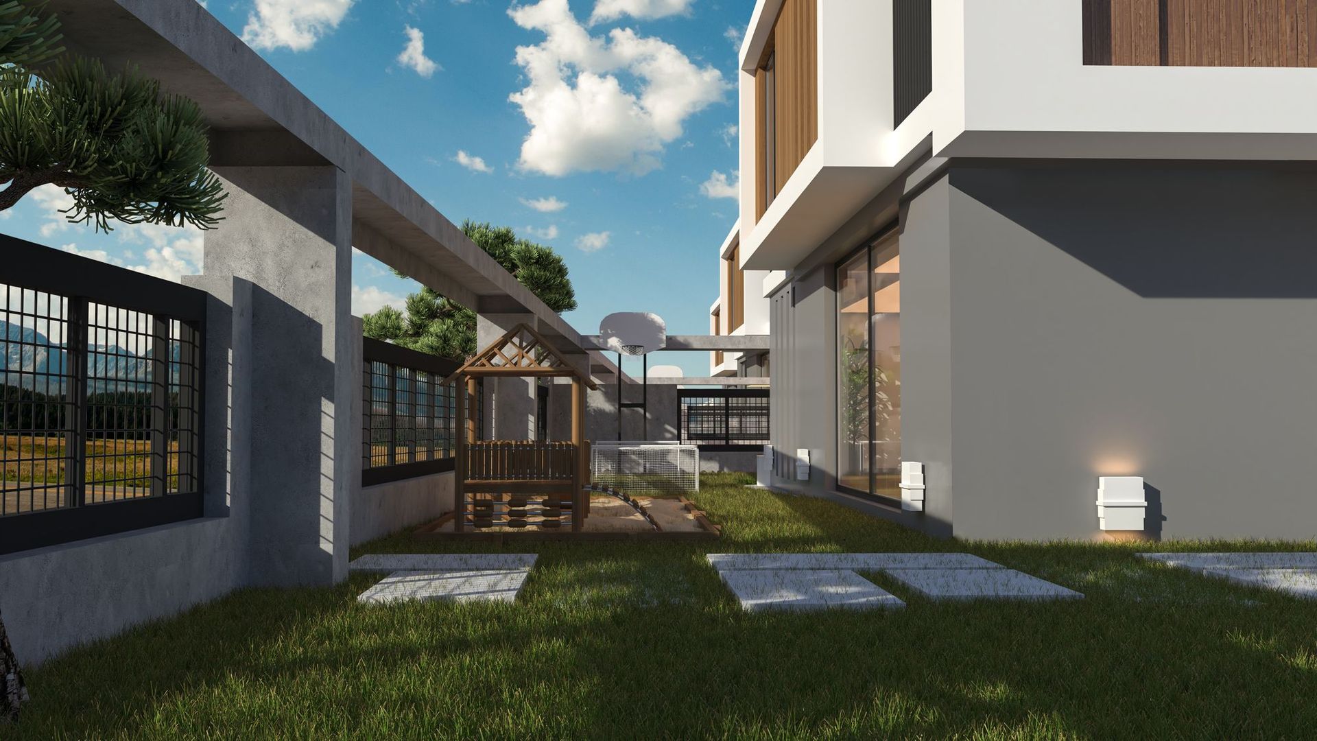 Villa Mostanza yan bahçesi, peyzajlı yürüyüş yolu ve pergola (görselleştirme)