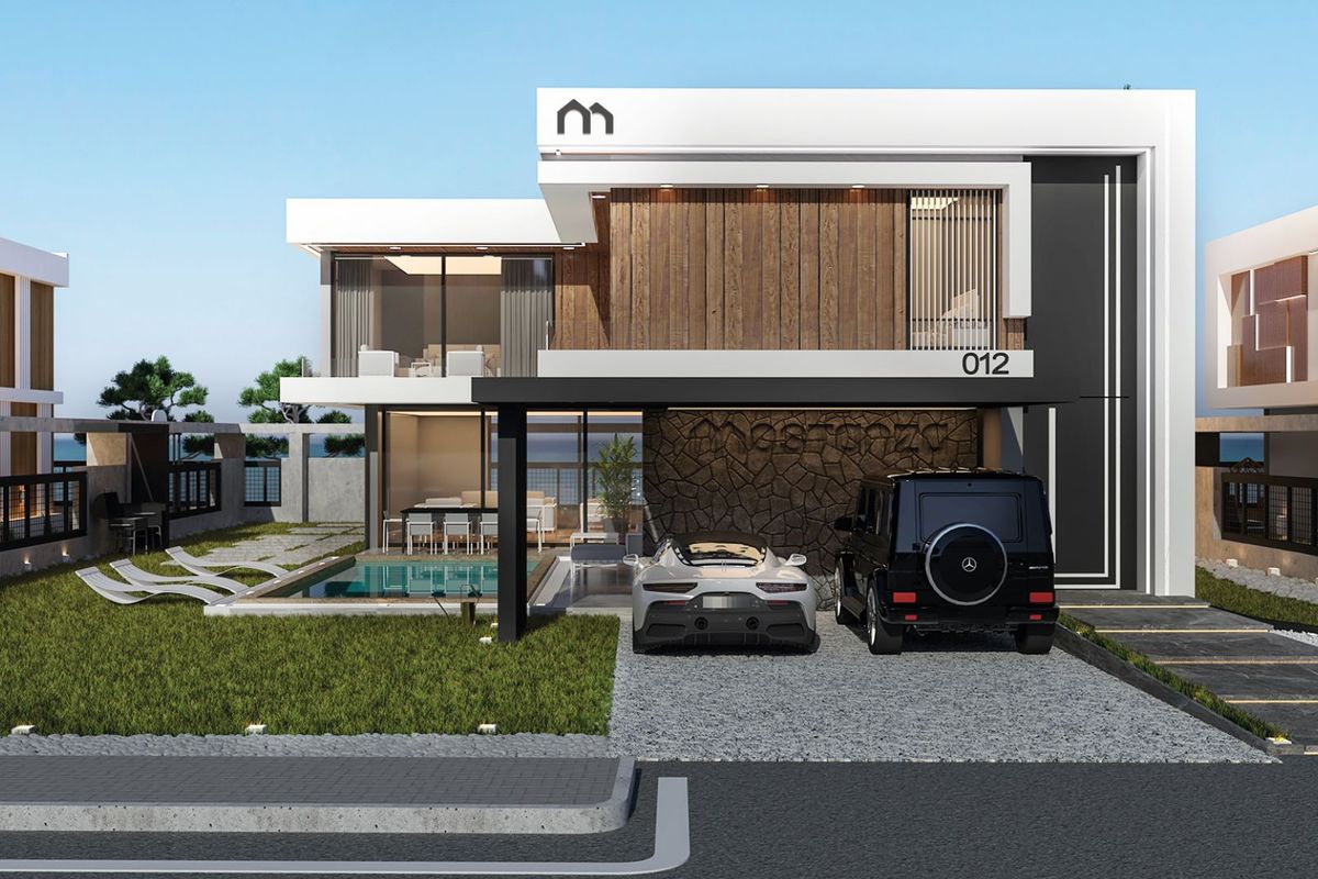 Villa Mostanza giriş cephesi: ahşap kaplama, beyaz kütle ve örtülü otopark girişi (görselleştirme)