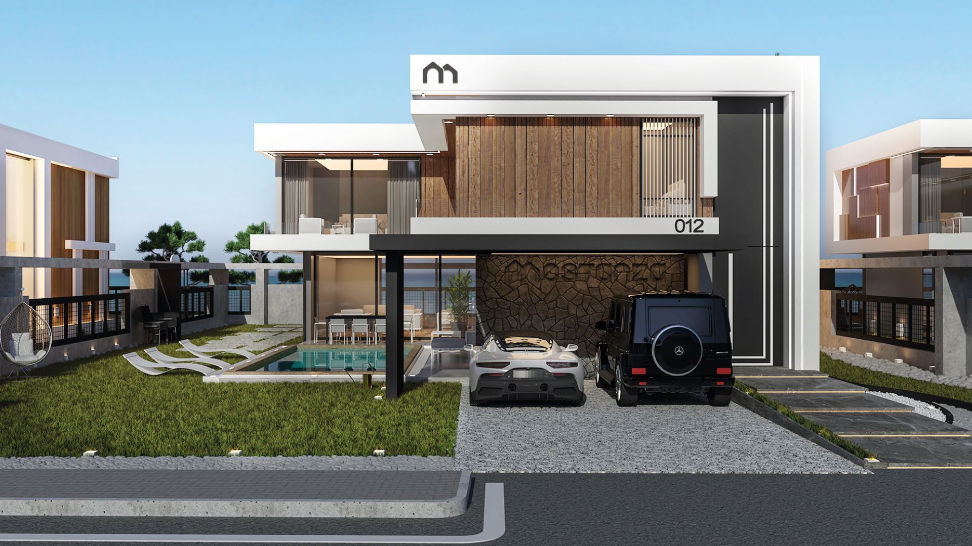 Villa Mostanza giriş cephesi: ahşap kaplama, beyaz kütle ve örtülü otopark girişi (görselleştirme)