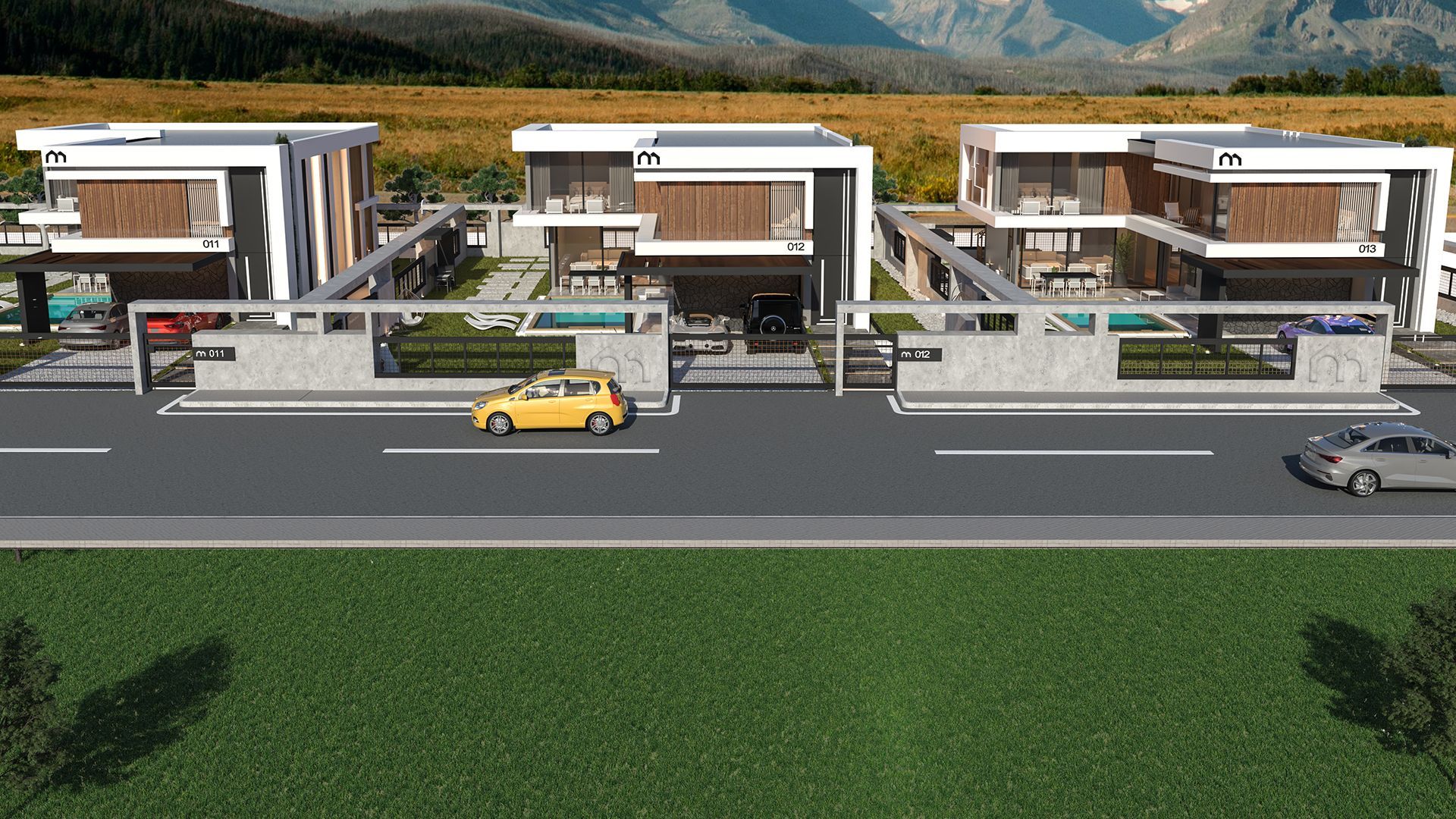 Villa Mostanza ve arka planda Hasandağı yönündeki dağ manzarası (görselleştirme)
