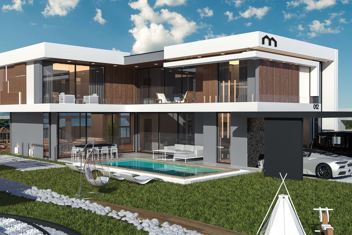 Villa Mostanza havuz cephesi, cam korkuluklu teras ve havuz başı (görselleştirme)