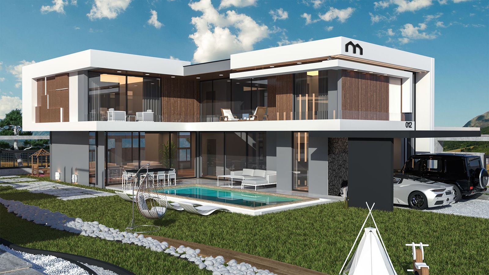 Villa Mostanza havuz cephesi, cam korkuluklu teras ve havuz başı (görselleştirme)