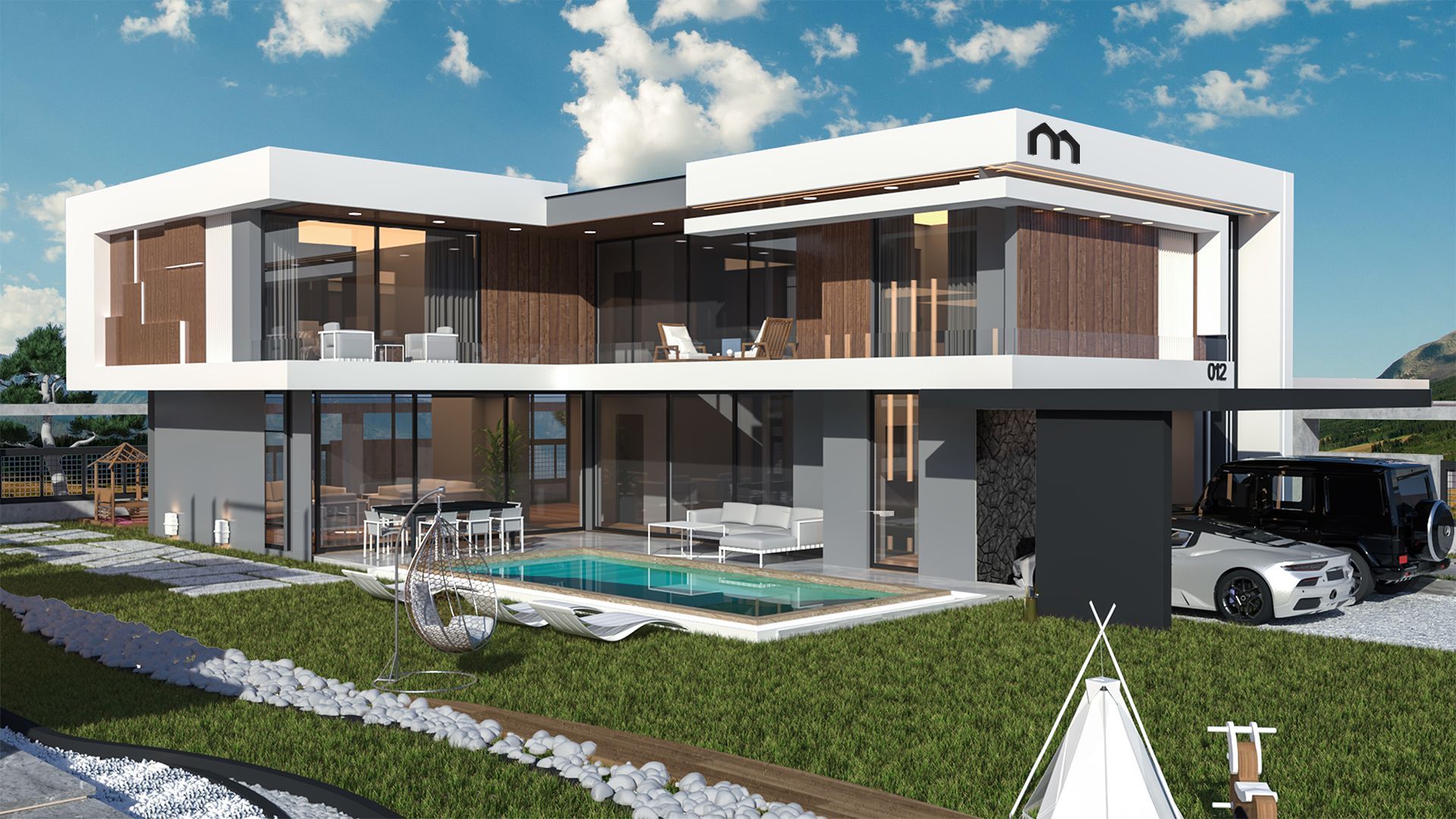 Villa Mostanza havuz cephesi, cam korkuluklu teras ve havuz başı (görselleştirme)