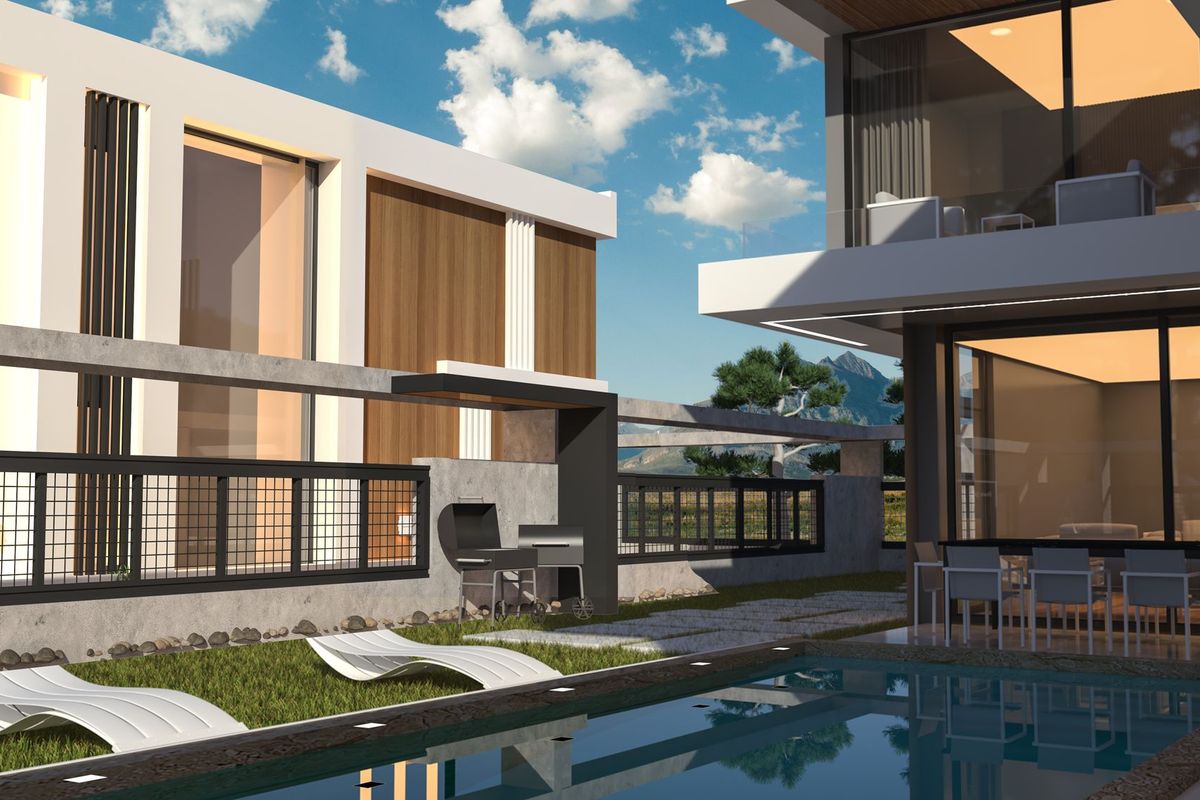 Akşam ışığında Villa Mostanza havuz terası ve şezlonglar (görselleştirme)