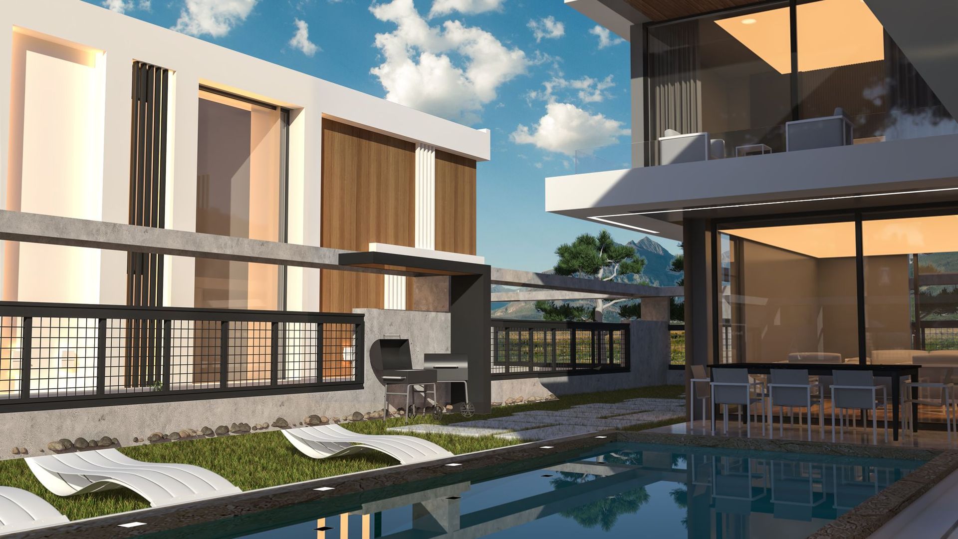 Akşam ışığında Villa Mostanza havuz terası ve şezlonglar (görselleştirme)