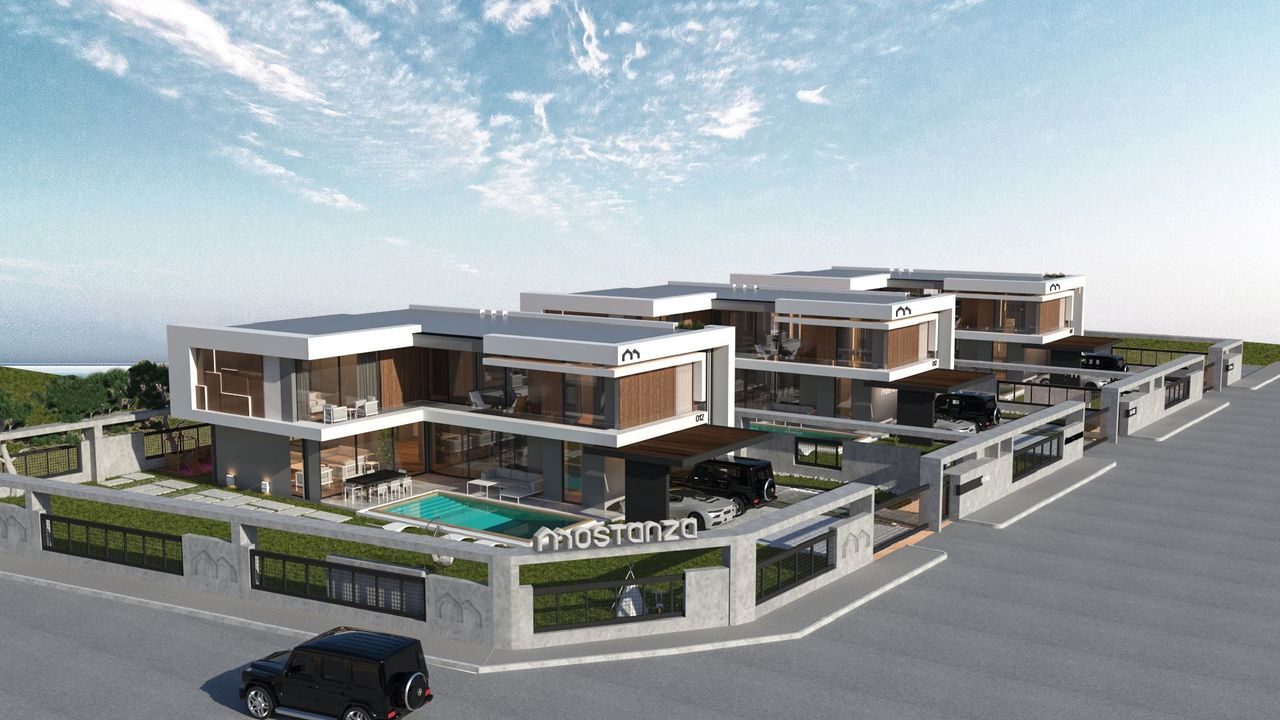 Villa Mostanza'nın kuş bakışı görselleştirmesi: Aksaray'da havuzlu, modern üç villa