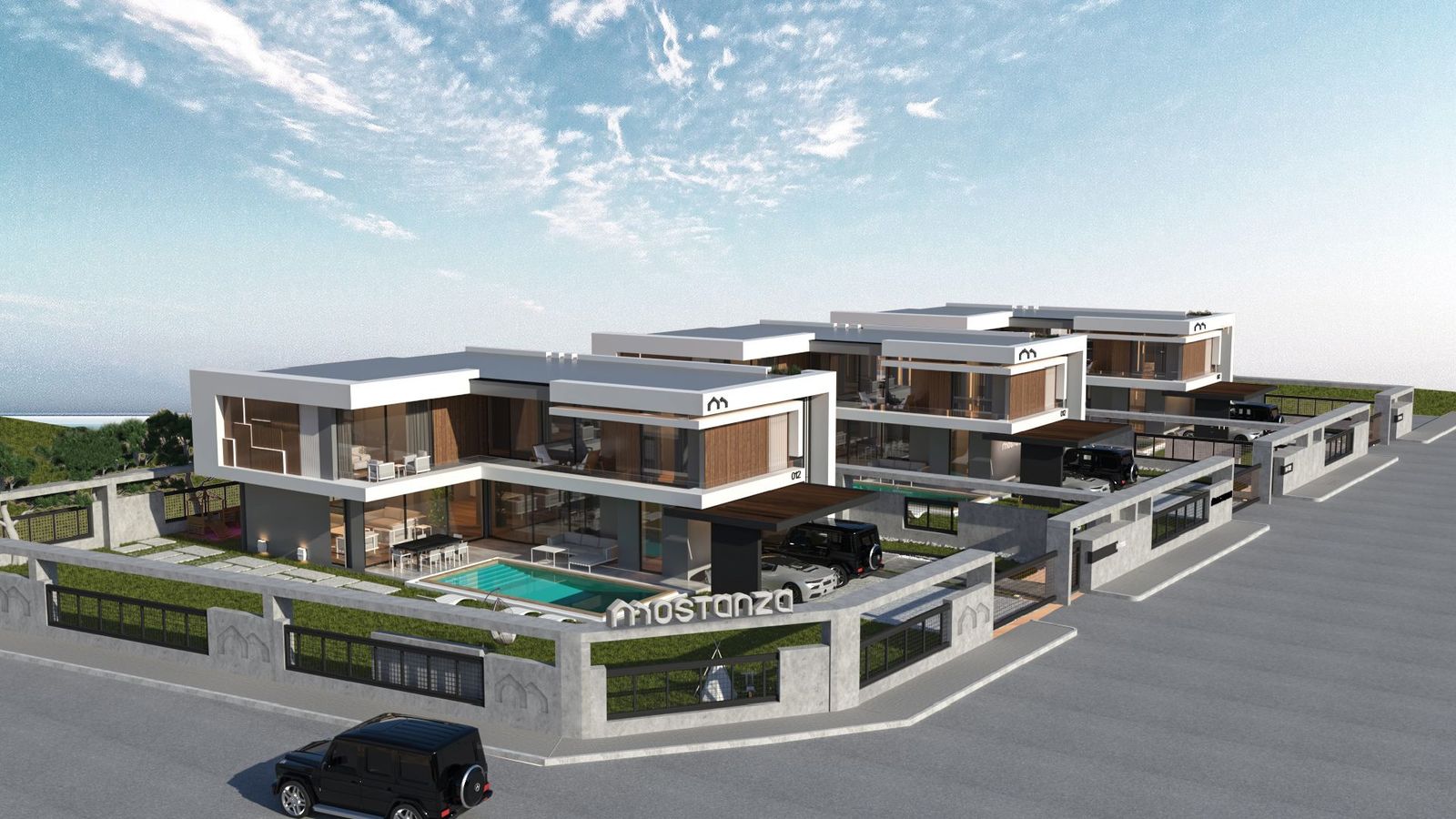 Villa Mostanza sitesinin kuş bakışı görünümü, müstakil havuzlu üç villa (görselleştirme)