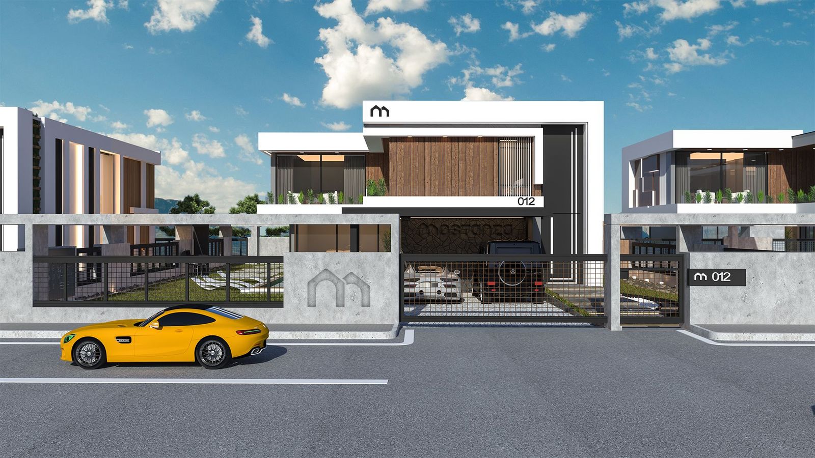 Aksaray Villa Mostanza projesinin sokak cephesinden görünümü, modern villalar ve site girişi (görselleştirme)