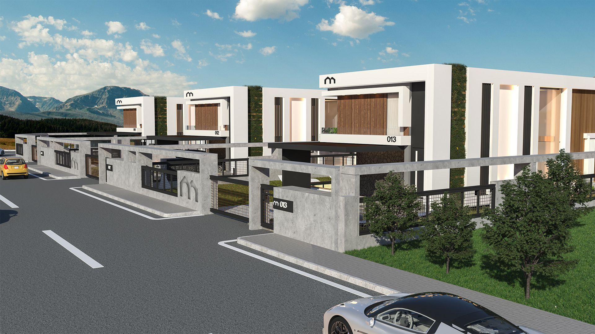 Aksaray tepe bölgesinde yan yana dizilen Villa Mostanza villaları ve dağ manzarası (görselleştirme)