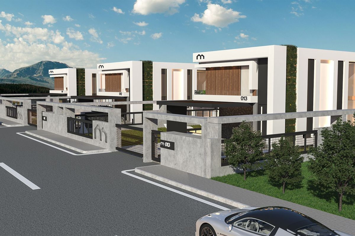 Aksaray tepe bölgesinde yan yana dizilen Villa Mostanza villaları ve dağ manzarası (görselleştirme)