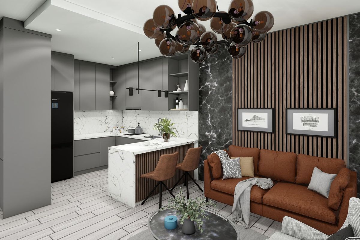 Mostanza 1+1 daire açık mutfak ve salon, ahşap çıtalı duvar (görselleştirme)