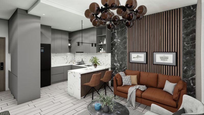 Mostanza 1+1 daire açık mutfak ve salon, ahşap çıtalı duvar (görselleştirme)