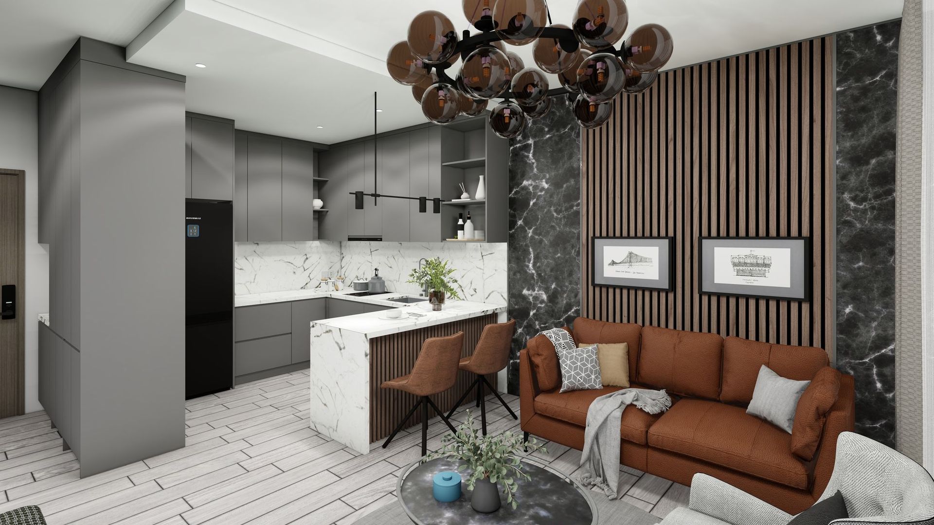 Mostanza 1+1 daire açık mutfak ve salon, ahşap çıtalı duvar (görselleştirme)