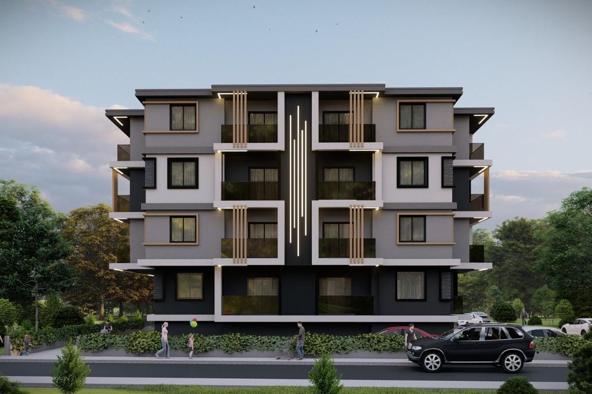 Mostanza 1+1 konut projesi bina ön cephesi, dört katlı modern apartman (görselleştirme)