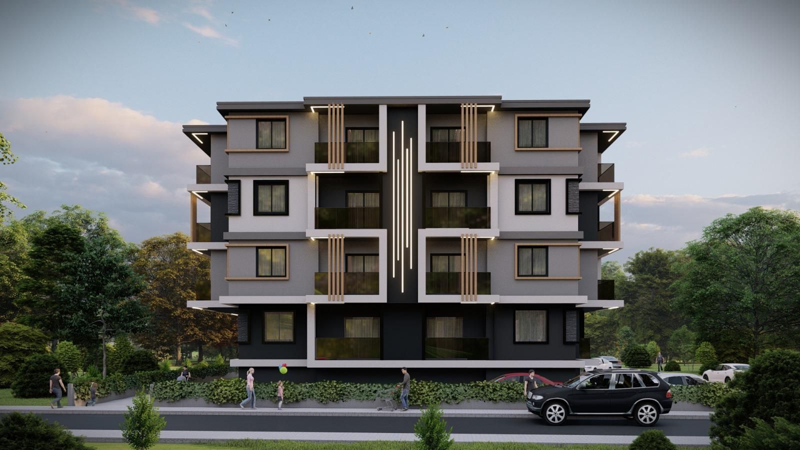 Mostanza 1+1 konut projesi bina ön cephesi, dört katlı modern apartman (görselleştirme)
