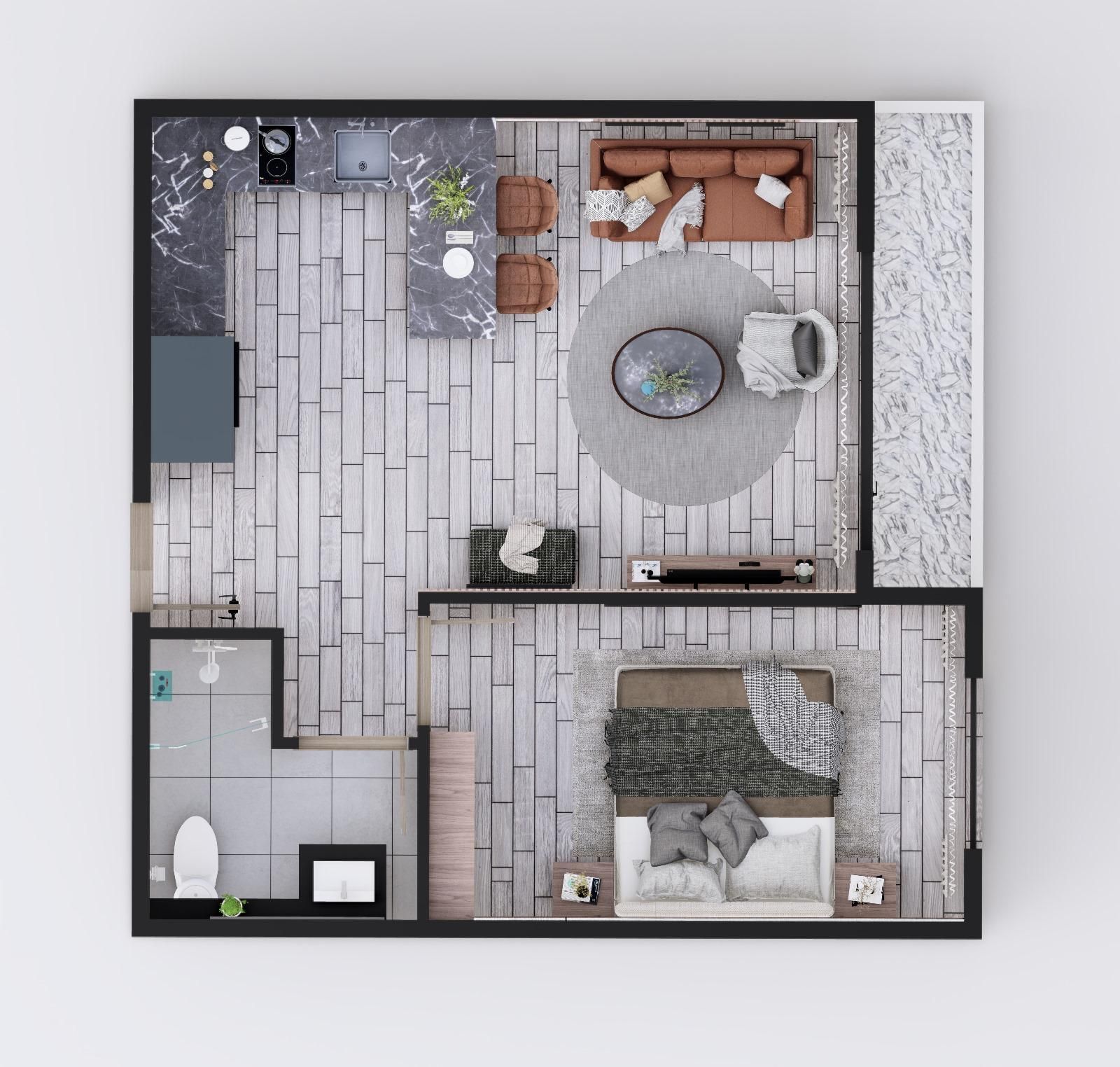 Mostanza 1+1 daire planı, salon, açık mutfak ve yatak odası yerleşimi
