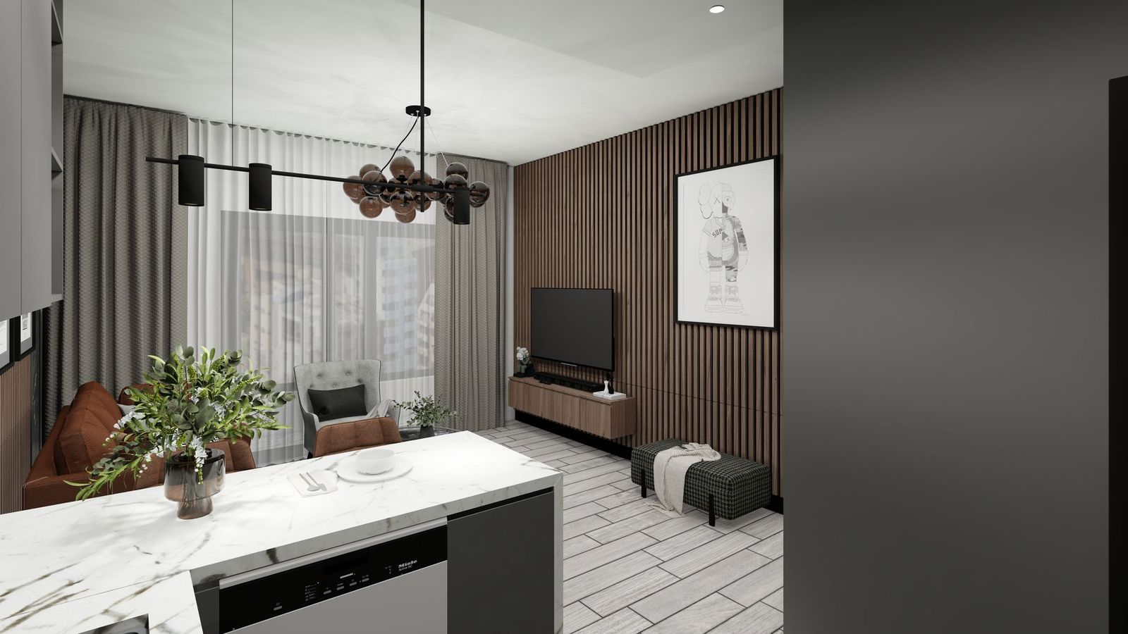 Mostanza 1+1 daire salon ve mutfak tezgâhı (görselleştirme)