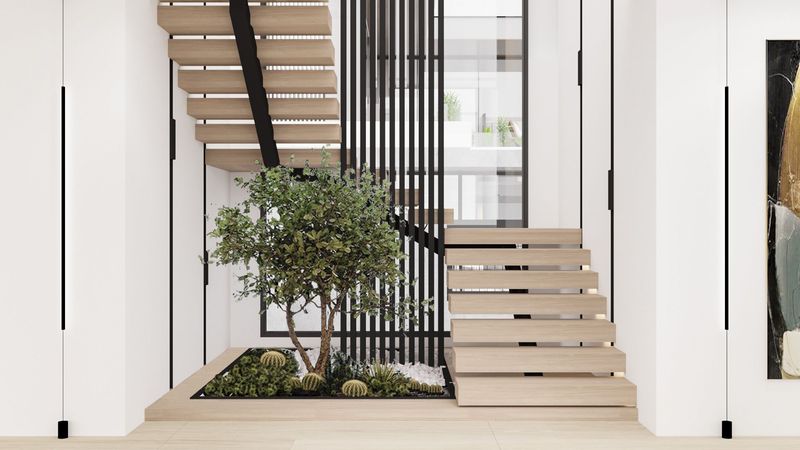 Villa Mostanza ahşap basamaklı merdiven ve iç bahçe ağacı (görselleştirme)