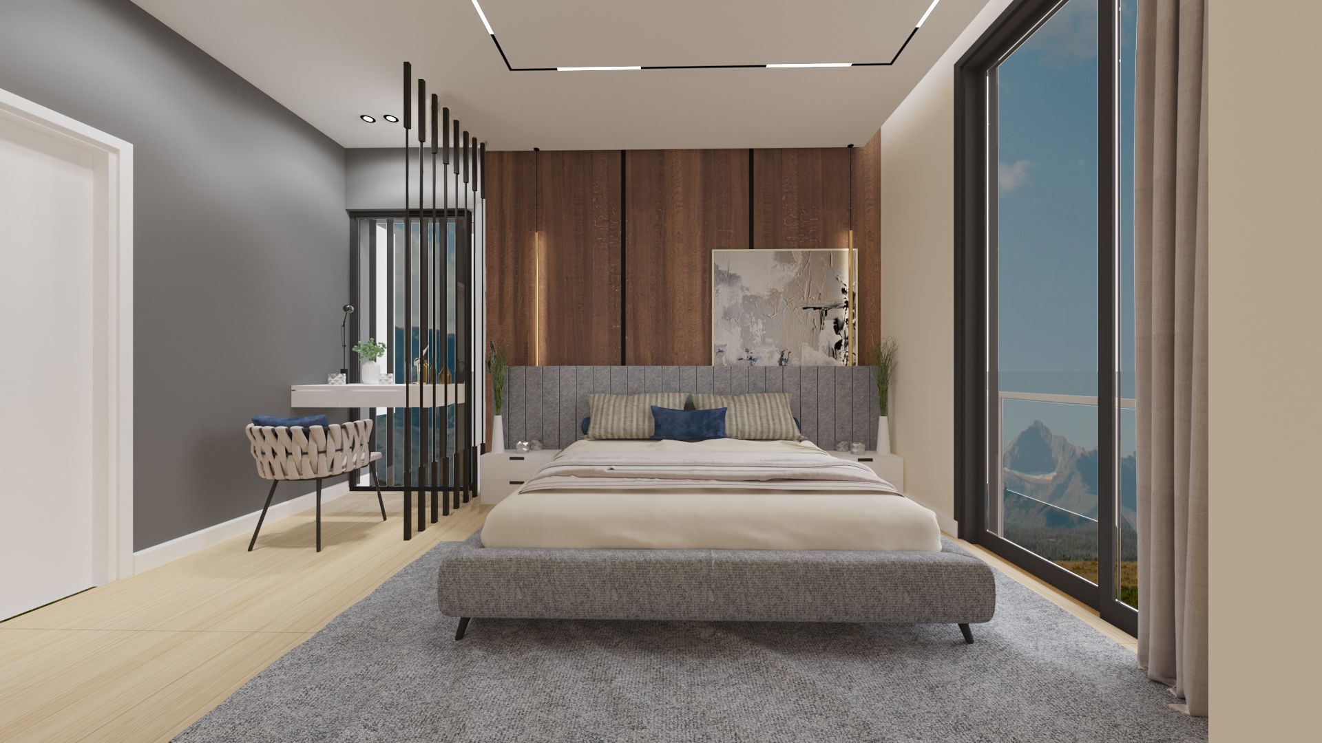 Villa Mostanza yatak odası görselleştirmesi: gizli aydınlatma, ahşap duvar ve dağ manzaralı geniş cam