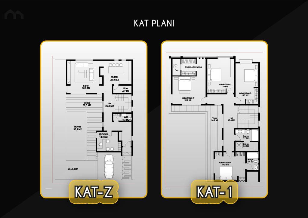 Villa Mostanza zemin kat (KAT-Z) planı: salon, mutfak, kiler, teras, hol, WC, havuz, çalışma odası (çizim)